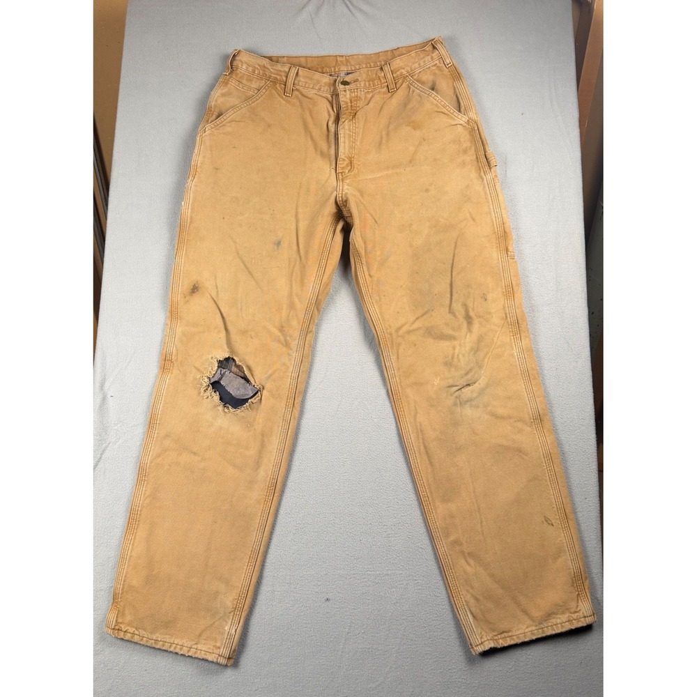 Carhartt  Flannel Lined Dungaree Pants Brown Distressed Mens 36x34 B111 BRN